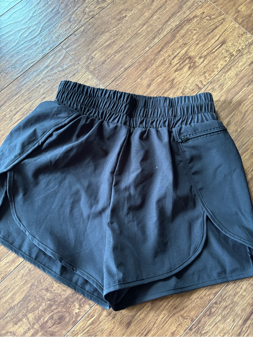 Women's Black Athletic Shorts with Side Overlay and Elastic Waist
